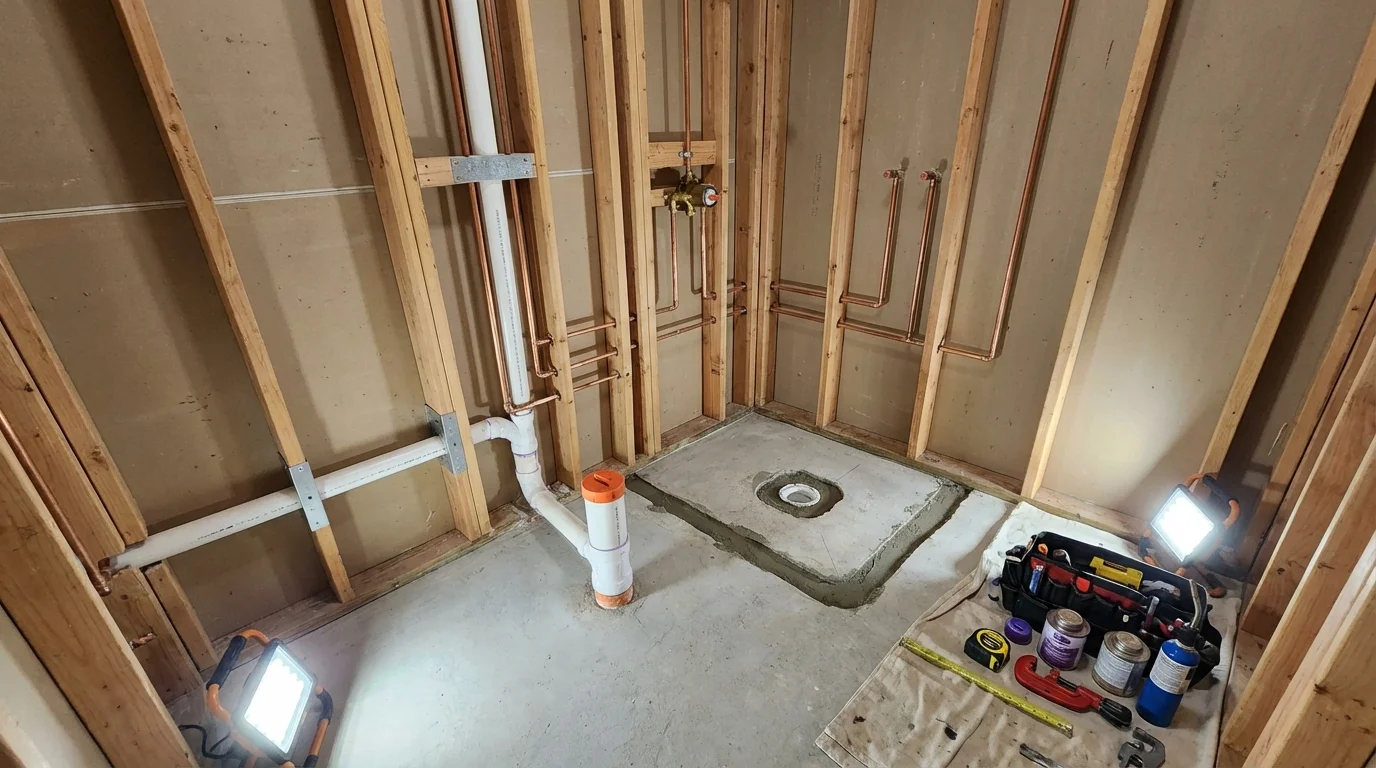Bathroom rough-in plumbing during remodel by Johns Plumbing LLC in Wamego