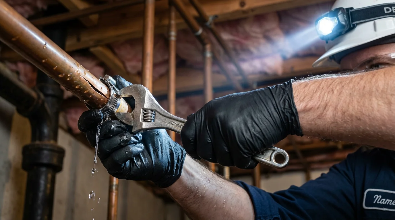 Emergency pipe clamp repair being performed by a Johns Plumbing LLC plumber in Wamego