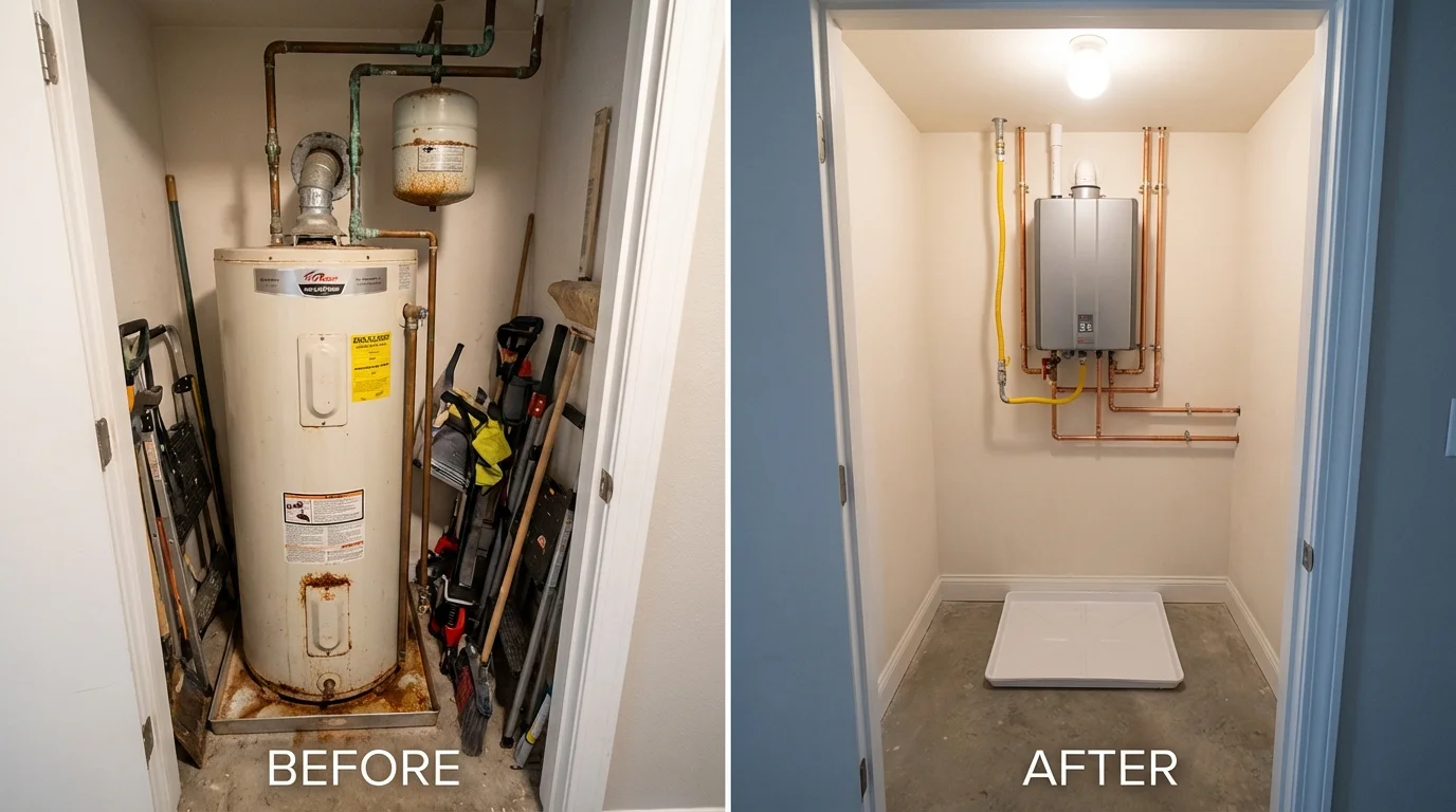 Tank water heater versus wall-mounted tankless unit comparison for Wamego, KS homeowners