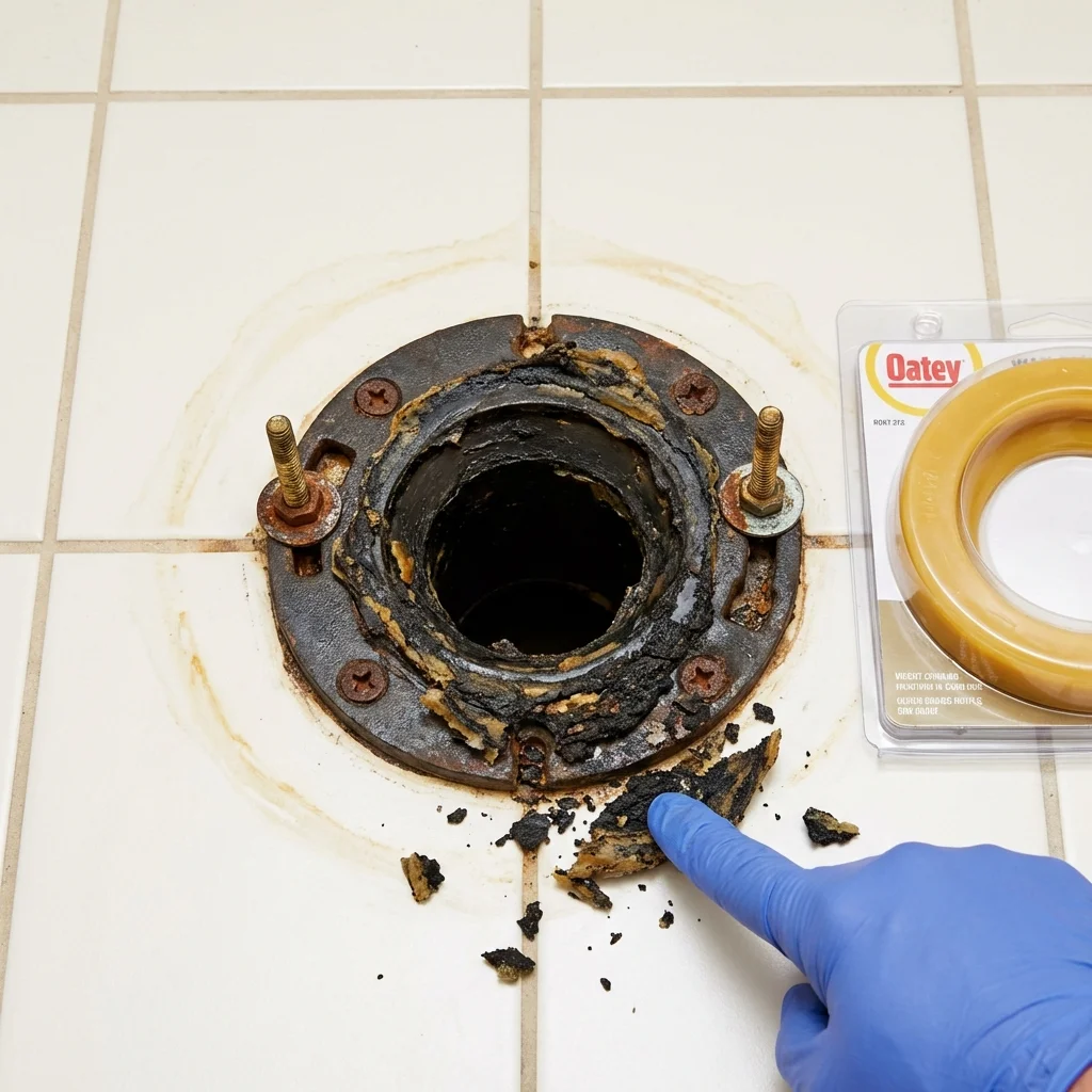 Failed wax ring showing water seepage at the base of a toilet in a Wamego, KS home