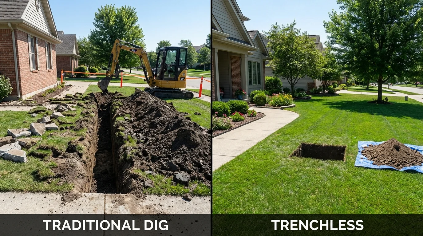 Trenchless sewer repair with minimal yard damage versus traditional excavation in Wamego, KS