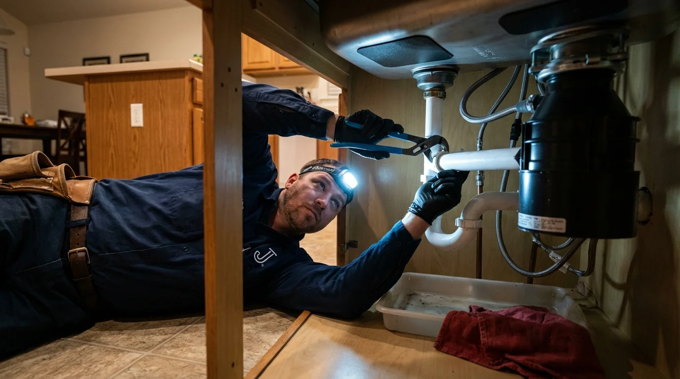 P-trap and supply line connections under a kitchen sink showing a common leak point in Wamego, KS